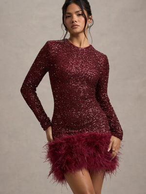 Liber Winter Women's Sequins Solid Color Long sleeve Feather Mini&Short Dresses