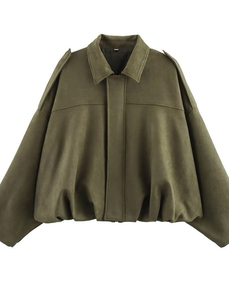 Batwing sleeve olive green Zip-up jacket