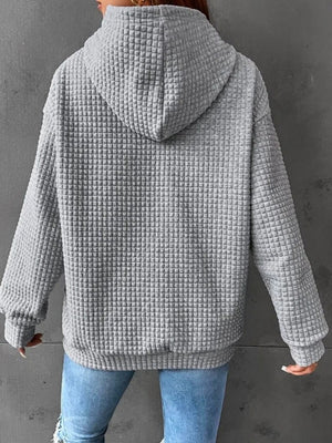 Waffle Drawstring Pocket Round Neck Long Sleeve Hoodie