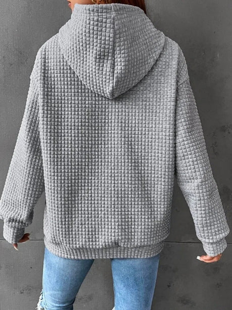 Waffle Drawstring Pocket Round Neck Long Sleeve Hoodie