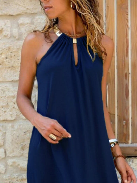 Metal Ring Neckband Hollow Out Sleeveless Mini&Short Dresses
