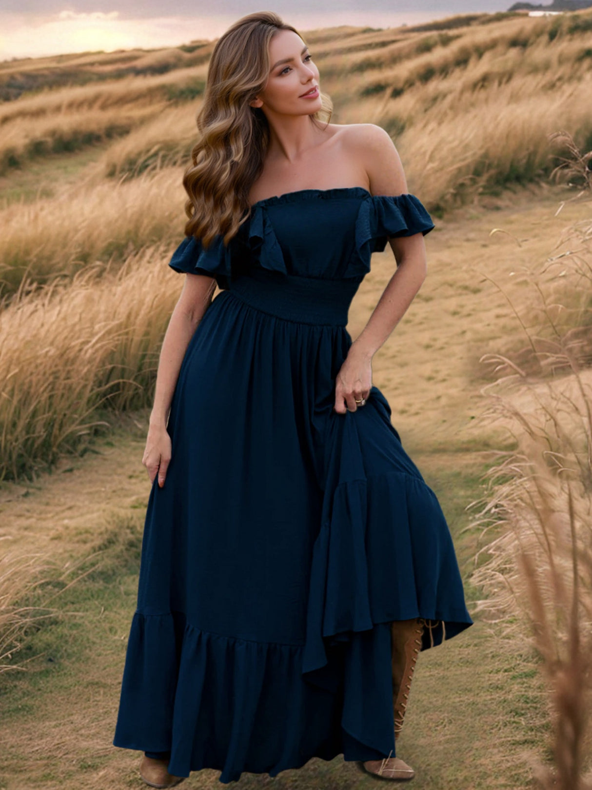 Ruffle Off-shoulder Neckline Waist Shaping Vacation Style Maxi Dresses