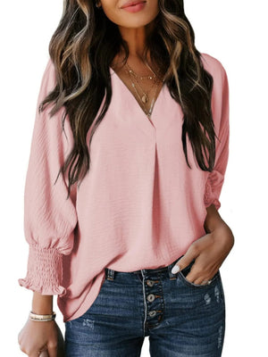 V-neck Long Sleeve Roll Up The Cuffs Shirt T-shirts