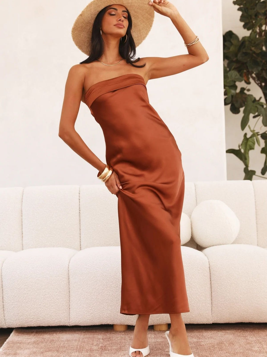 Bandeau Elasticity Backless Knitting Satin Sexy Maxi Dresses