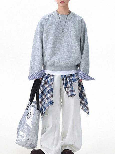 Plaid-Panel Clean-Fit Boxy Crew-Neck Sweatshirt