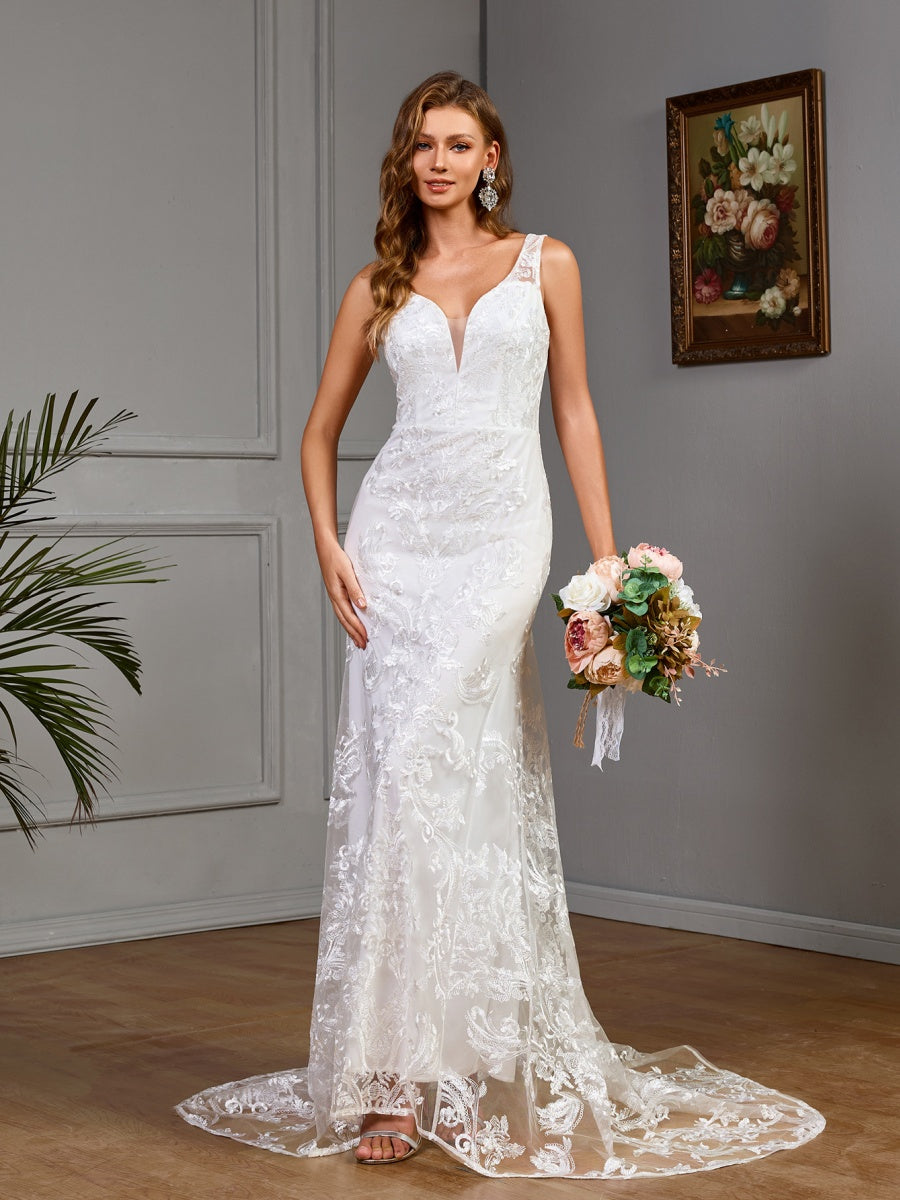 Schleppe, Hochzeitskleid, V-Ausschnitt, figurbetont, bestickt, Partykleid, Maxikleid