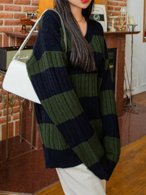 Stripes V-neck Color Matching Knitted Sweater