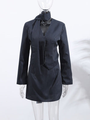 Buttons Stripes V-neck Blazer And Skirt Commuter Scarf 2-piece Sets