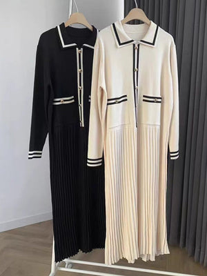 Lapel Contrasting Trim Elegant Chanel Style Pleated Loose Long Knitted Dress
