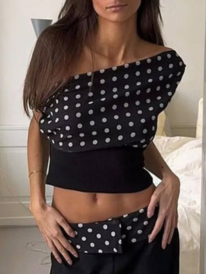 Polka Dots One-shoulder Off-shoulder Cropped Top And Cinched Waist Tank Tops&Camis