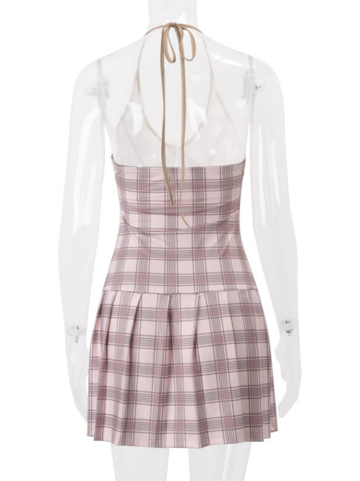 Plaid V-neck Tie Color-blocked Halter Neck Sweet Mini&Short Dresses