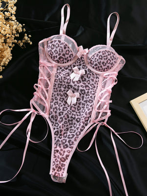 Leopard Polka Dot Perspective Bow Backless Halter Top Bodysuits