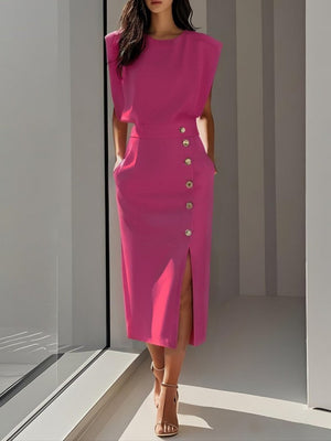 Crew Neck Waist Slit Metal Buttons Sleeveless Midi Dresses