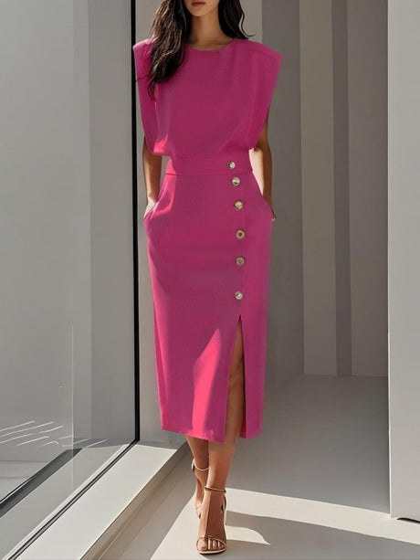 Crew Neck Waist Slit Metal Buttons Sleeveless Midi Dresses