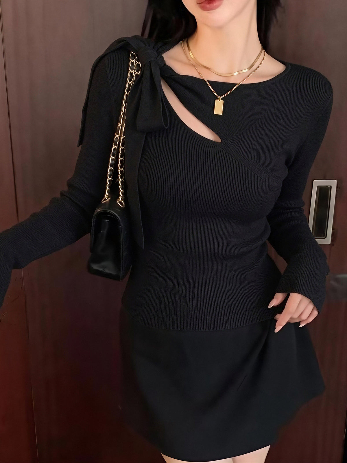 Wool Shoulder Strap Bow Openwork Asymmetrical Neck Long-sleeved Sweater