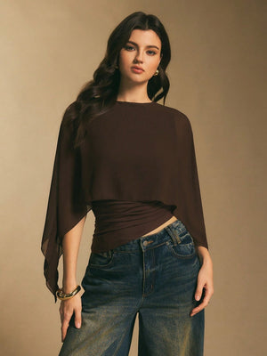 Cape-sleeve T-shirt, Round Neck, Loose Chiffon Cover-up, Elegant Irregular Top/T-shirt