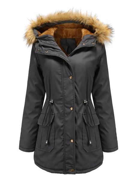 With Fur Collar Fleece Lined Hooded For Warmth Drawstring Pocket Down Jacket