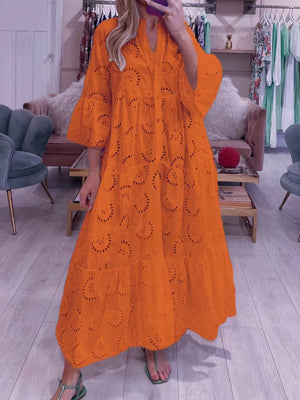 Lace Cutout V-neck Buttons  Flare Sleeve Maxi Dresses