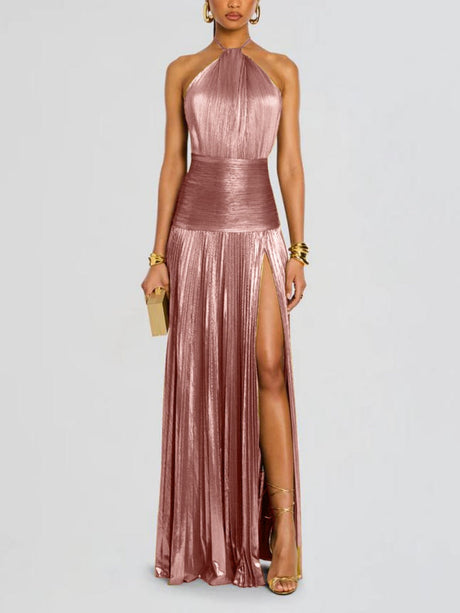 Metallic Halter Neck Style Crimp Slit Thin Strap Sleeveless Backless Cocktail Party Parties Formal Dress Long Dress