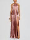 Metallic Halter Neck Style Crimp Slit Thin Strap Sleeveless Backless Cocktail Party Parties Formal Dress Long Dress