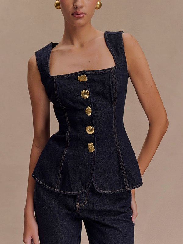 Sleeveless High-waisted Buttons Denim Vest And Trousers 2-piece Sets