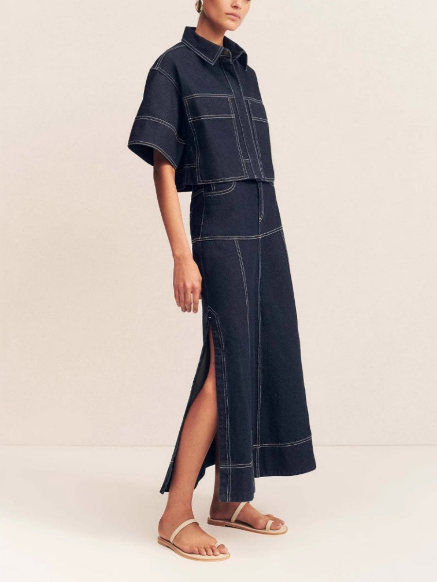 Short Sleeve Shirt Slit Skirts Denim Set 2-piece Sets