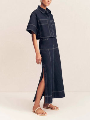 Short Sleeve Shirt Slit Skirts Denim Set 2-piece Sets