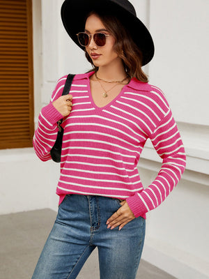Liber Autumn Women's V-neck Contrasting colors Stripes Jacket Woolen