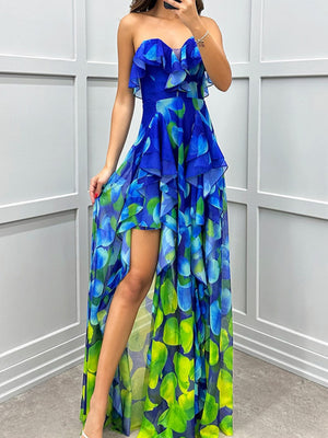 Mesh Printed Slit Ruffle Formal Dress Maxi Dresses