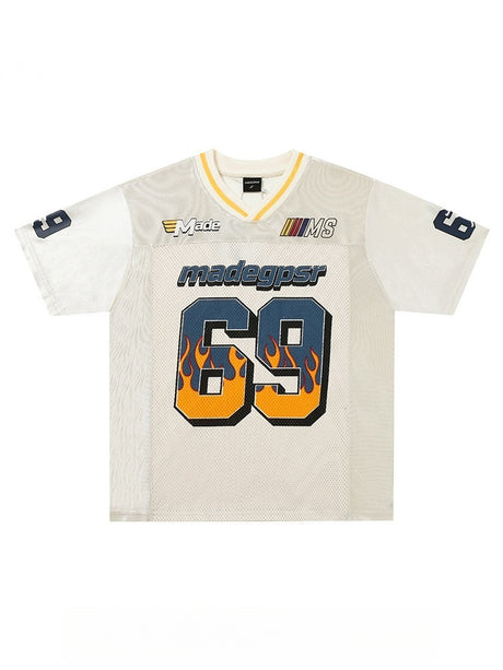 Patchwork Mesh 69 Flame College Style T-shirt