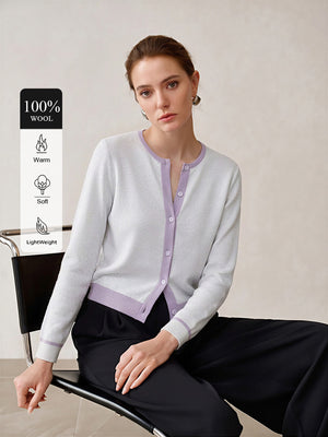 100% Wool Color Block Crew Neck Knit Cardigan