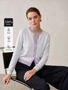 100% Wool Color Block Crew Neck Knit Cardigan