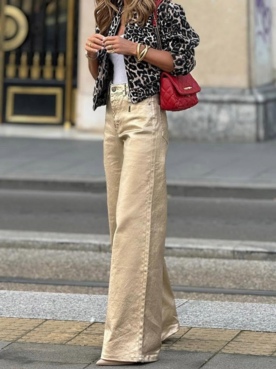 Retro-Hose mit glänzendem Lack, geradem Schnitt, lockerer Passform und hohem Bund