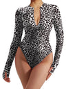 Leopard Print Zippered Long Sleeves Bodysuits