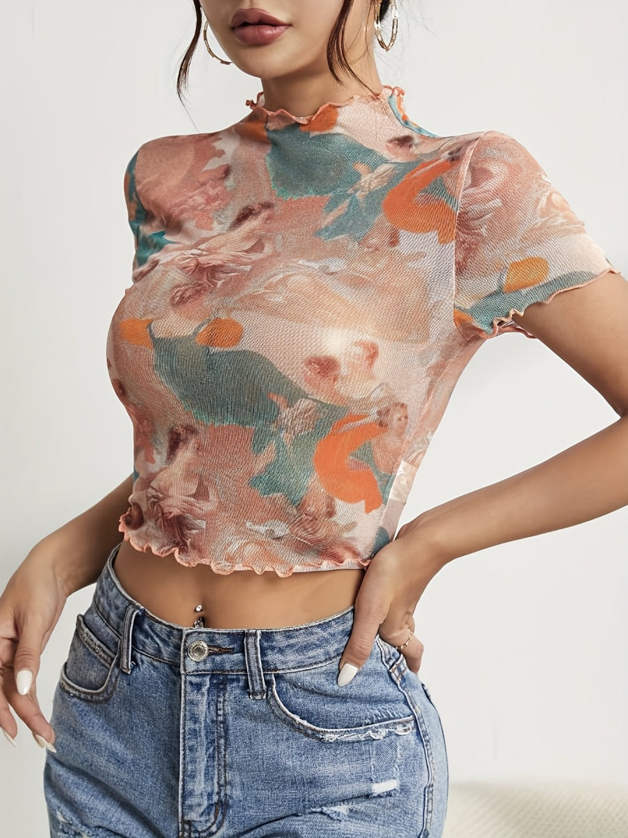 Printed Short Sleeve Mesh Sheer Tops