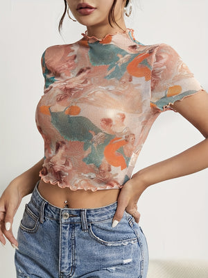 Printed Short Sleeve Mesh Sheer Tops