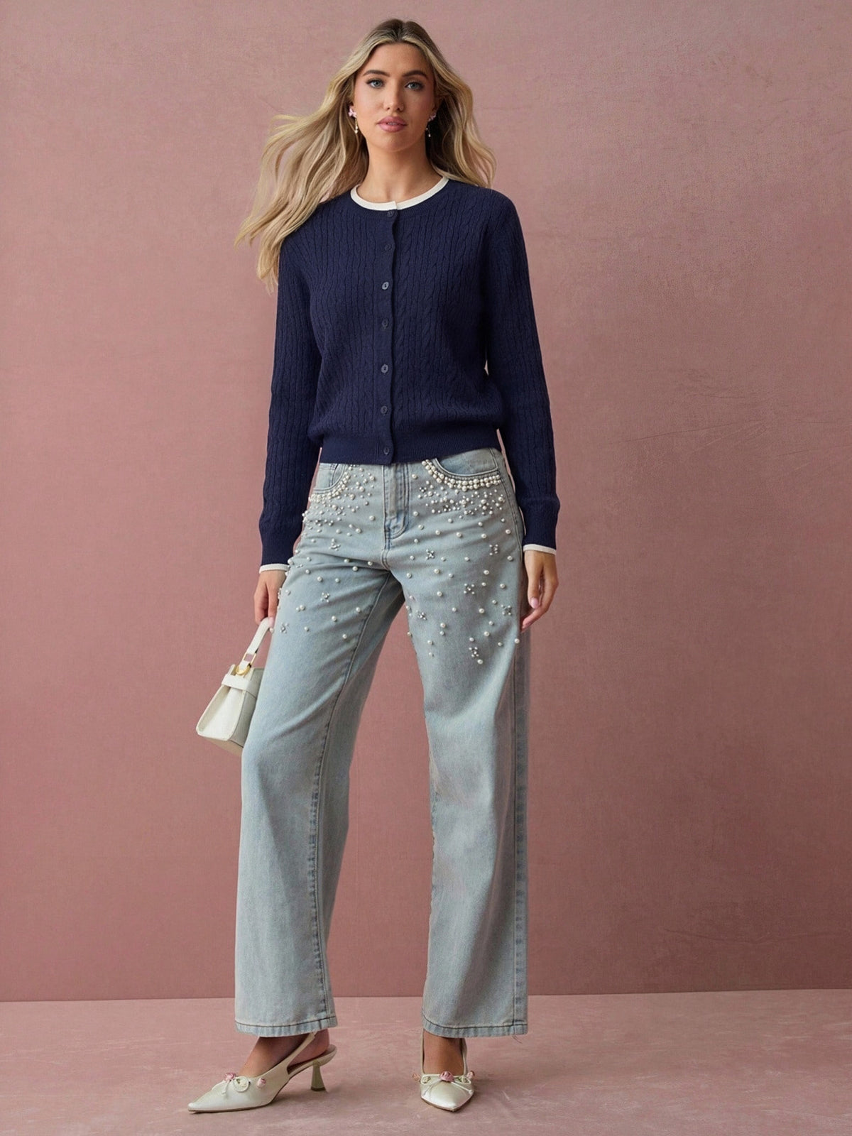 Cable Knit Color-blocked Trim Faux Two-piece Round Neck Knit Cardigan