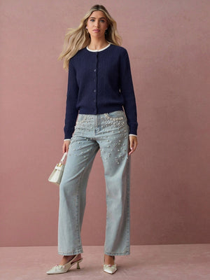Cable Knit Color-blocked Trim Faux Two-piece Round Neck Knit Cardigan