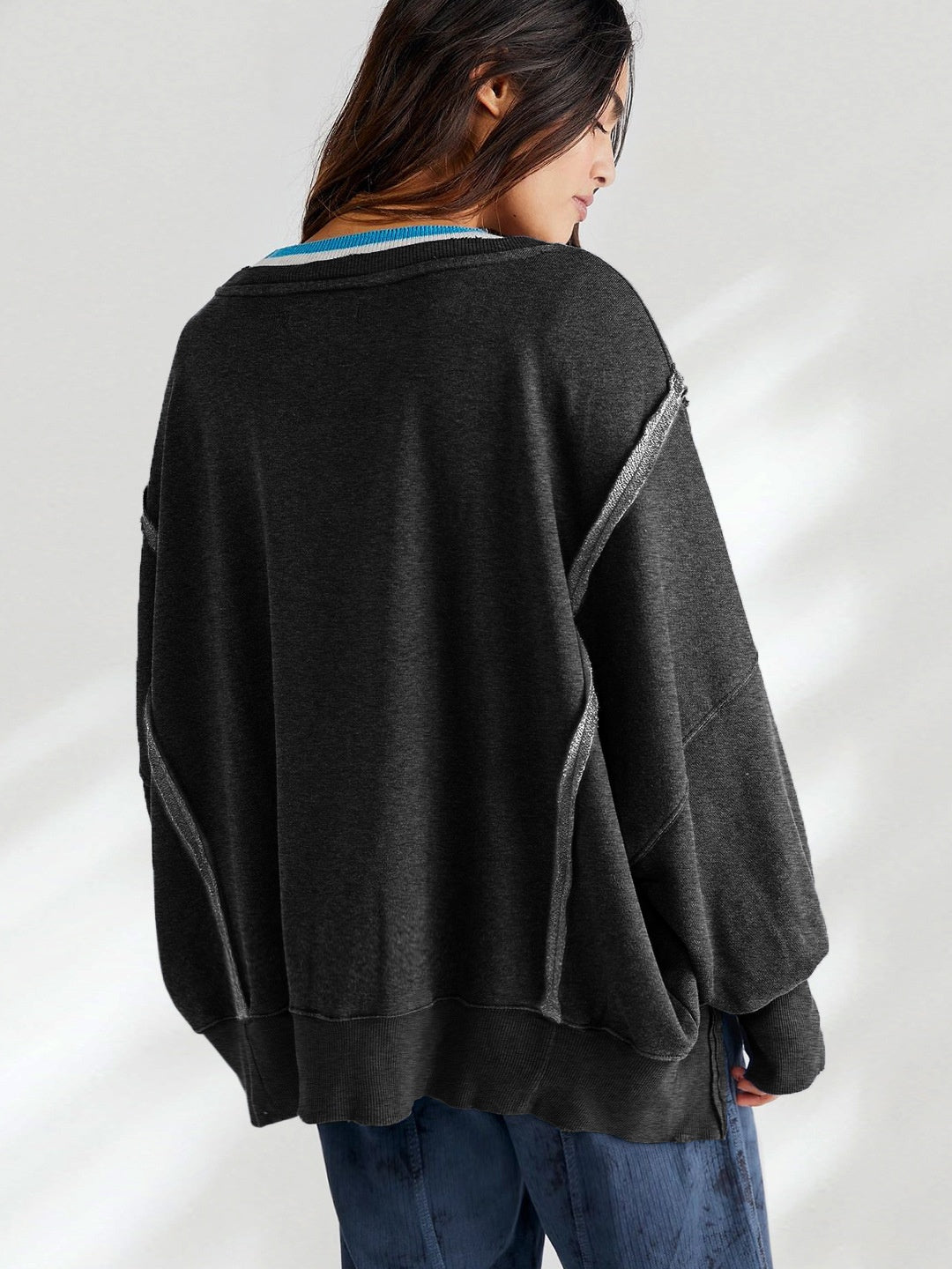 Women's Autumn/Winter Solid Color Frayed Edge Long Sleeve Side-Slit Sweatshirt