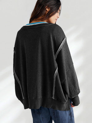 Women's Autumn/Winter Solid Color Frayed Edge Long Sleeve Side-Slit Sweatshirt
