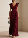 Solid Color Pleated Short Sleeve V-neck Chiffon Long Dress