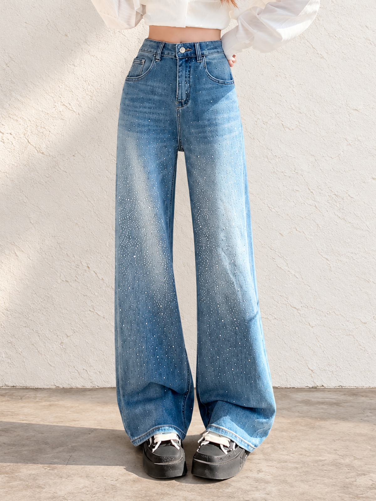 Women's Blue Straight Leg Jeans With Rhinestones For Autumn/Winter