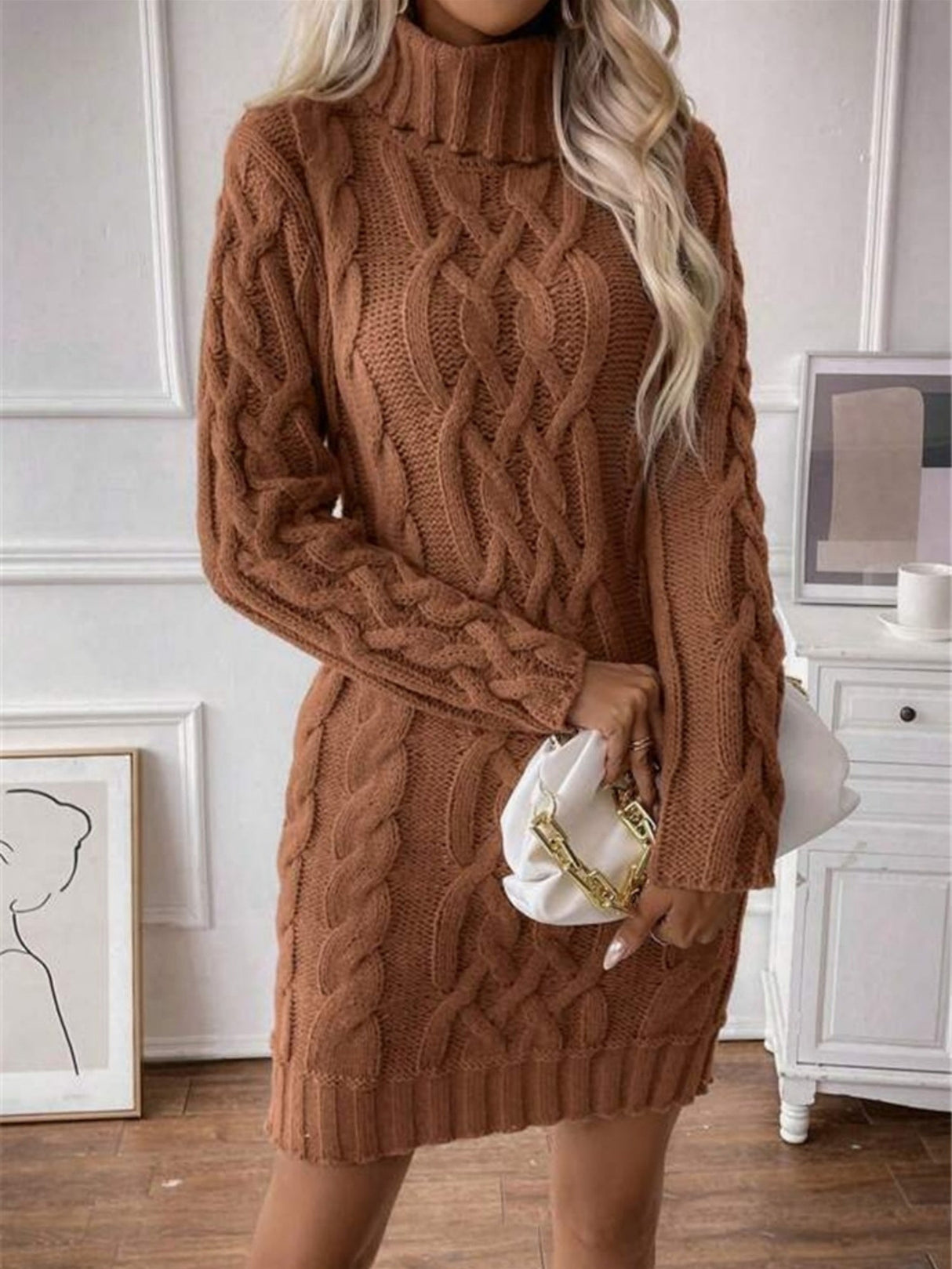 Twisted Thread Turtleneck Knitted Sweaters Midi Dresses