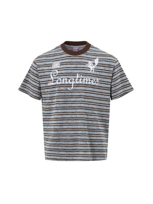Distressed Letter Printed Color-blocked Stripes T-shirts