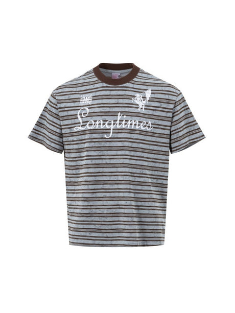 Distressed Letter Printed Color-blocked Stripes T-shirts