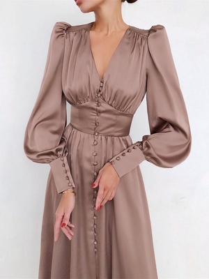 V-neck Satin Waist Retro Maxi Dresses