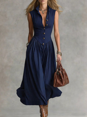 Lapel Sleeveless Buttons Maxi Dresses