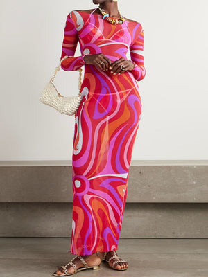 Gauze Printed Perspective Long Sleeve Maxi Dresses