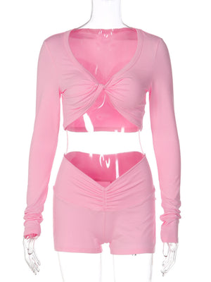 Knotted Long-sleeved Top Tight Shorts Exercise And Fitness 2-piece Sets