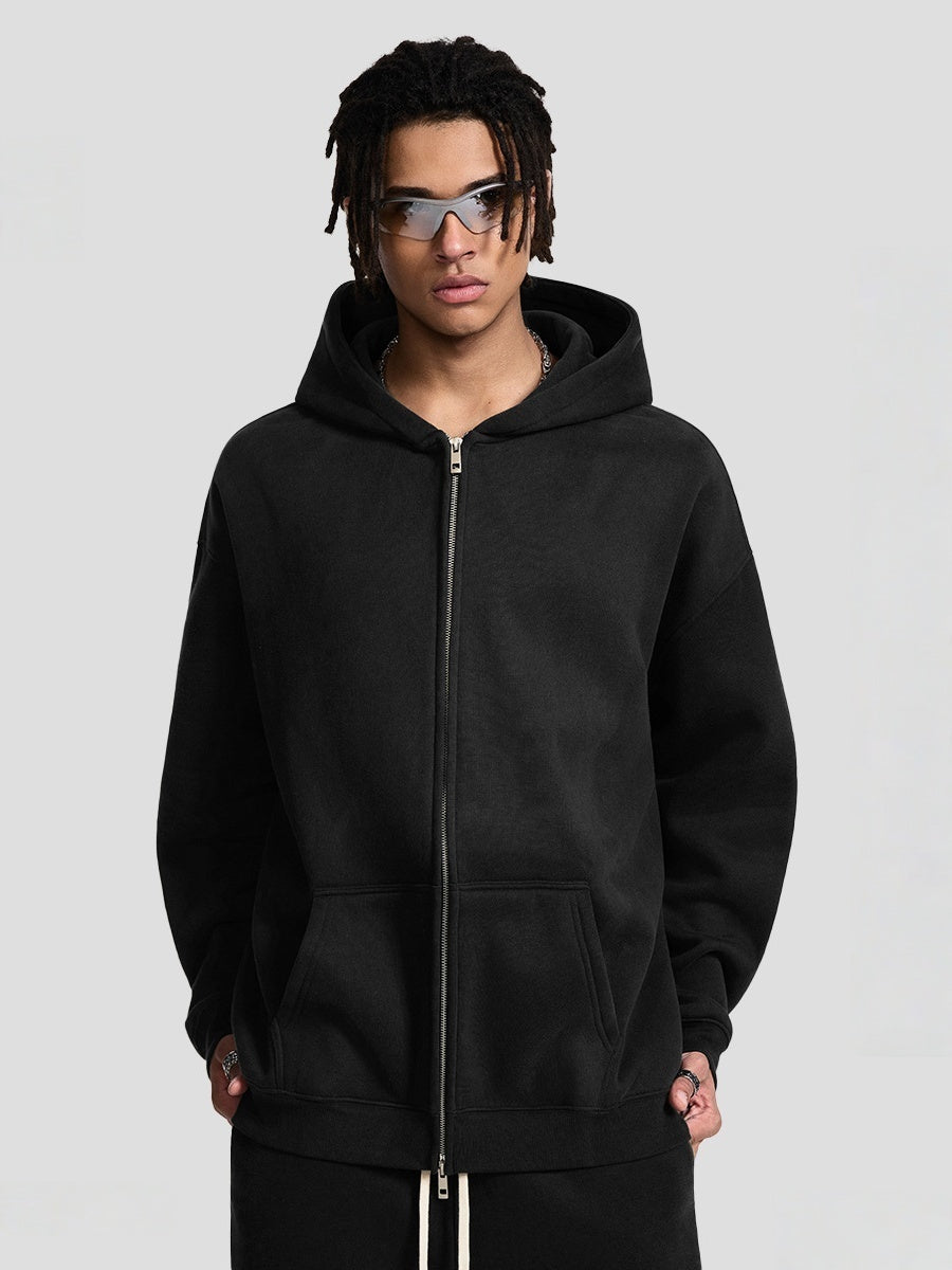 Plush Sports Loose Solid Color Zipper Hooded Sweatshirts&Hoodies Set